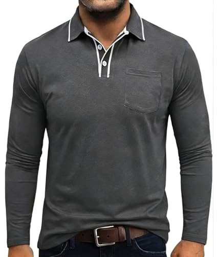 Volemo Mens Polo Shirts Long Sleeve Colour Block Polos Cotton T Shirt Golf Tops with Pocket Regular Fit Grey L