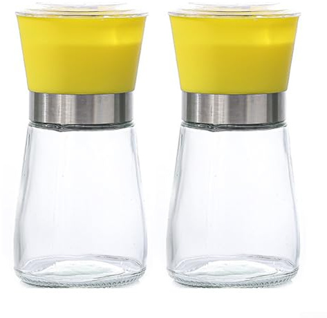 Moulin à poivre manuel en acier inoxydable avec corps en verre transparent pour broyage contrôlé diverses épices et herbes dans la cuisine (jaune court)