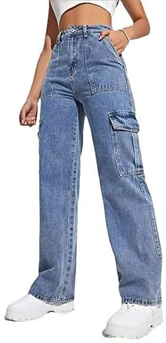 Jean de travail pour femme avec poches multiples, taille haute, coupe droite, pantalon cargo, vintage, tendance, pantalon large, décontracté, pour l'automne et l'hiver