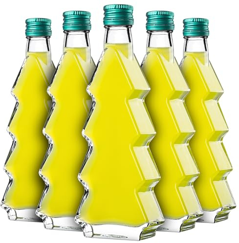 KADAX Juego de 10 botellas de cristal en forma de árbol de Navidad, 200 ml, con tapón de rosca verde – Botellas vacías para rellenar con licor y aguardiente, ideal para Navidad y como regalo