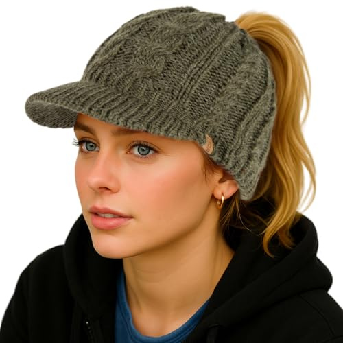 TOP-EX ChicPony™ Merino Wolle Ponytail Strickmütze mit Schirm 3 Zopföffnungen Fleece Gefüttert Warme Winddichte Wintermütze Damen