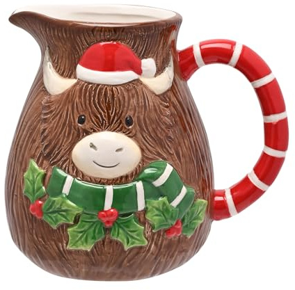 Widdop Ceramic Highland Cow Christmas Jug – Festive Country Style Pitcher with Santa Hat & Holly – Rustic Christmas Tableware