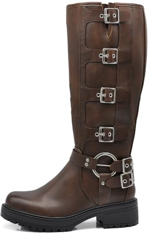 IF Fashion Scarpe Stivali da Donna Al Polpaccio Ginocchio Stile Biker Punk Rock Motociclista con Fibbia Multipla ML287 brown N.39