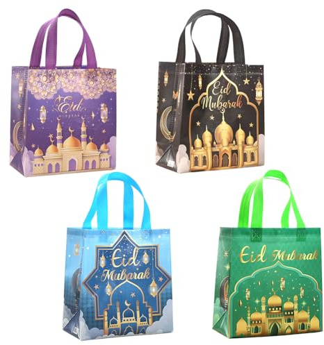 4 Stück Wiederverwendbare Eid Mubarak Geschenktaschen mit Henkeln, Ramadan Party Beutel, Multifunktionale Vliestoff Geschenkverpackungstüten für Geschenke und Feierlichkeiten, 23×22×11cm