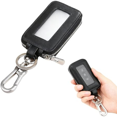 Noenaeni Leather Car Key Fob Case, Black Car Key Holder with Metal Hook and Keyring, Universal Car Fob Protector, Zipper Bag Transparent Window Auto Key Case Cover Protector for Most Car Key Type
