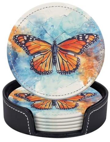 Set di 6 sottobicchieri rotondi in pelle PU con supporto a forma di farfalla in un tocco di acquerelli blu e arancioni