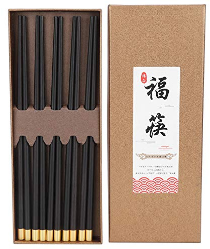 Juego de palillos reutilizables de estilo chino, vajilla doméstica con incrustación de cobre en forma de carácter Fu, palillos de madera negra africana natural para regalo en hogar (Caja regalo cinco