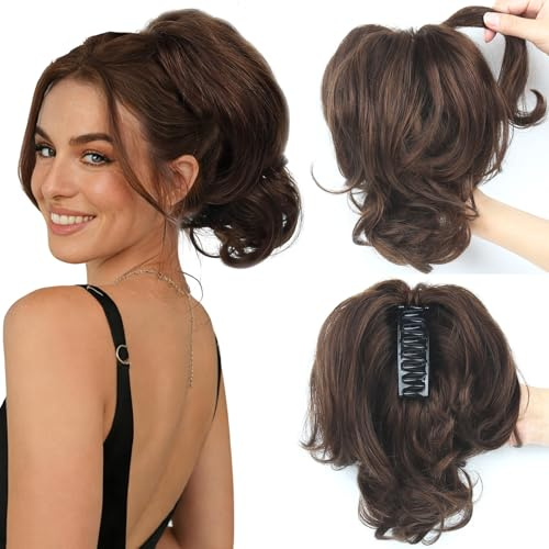 Klammerclip Kurzes Echthaar Pony Extension mit Verformbarem Metall für DIY Frisuren, Welliges Unordentlichen Dutt Haarstück für Damen Volle Haarverlängerungen für Täglichen 30 cm Braun
