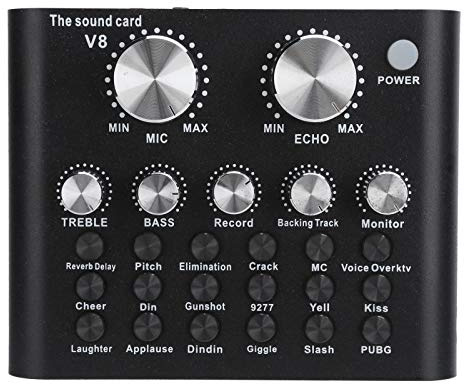 Yanmis Carte Son, Interface Bluetooth en Métal avec 112 électroacoustiques, 18 Effets Sonores, 6 Modes, pour Diffusion en Direct de Chansons K Mobiles en Streaming sur Ordinateur