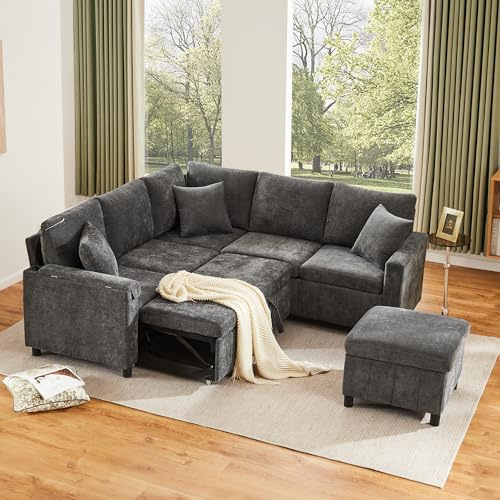 Bladez Chenille Schlafsofa Ausziehbar, L-Form Ecksofa mit Schlaffunktion und Stauraum, Modernes L-Form Couch mit Hocker, USB & Type-C, integrierter Tisch, Sofa Bed für Wohnzimmer (Grau, 4-Sitzer)