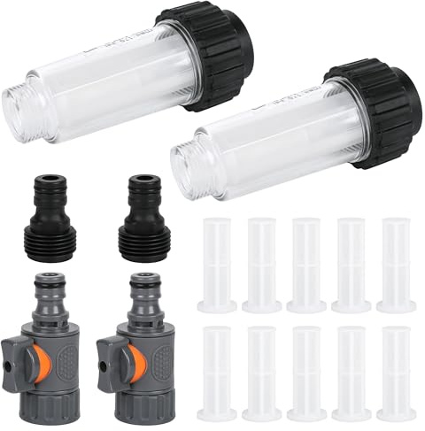 Filtre à Eau pour Camping-Car, Lot de 2 Filtre Tuyau Arrosage 3/4 Pouce | avec Adaptateur Rapide et Vanne de Régulation, pour Caravane, Bateau, Nettoyeur Haute Pression et Pompe de Jardin