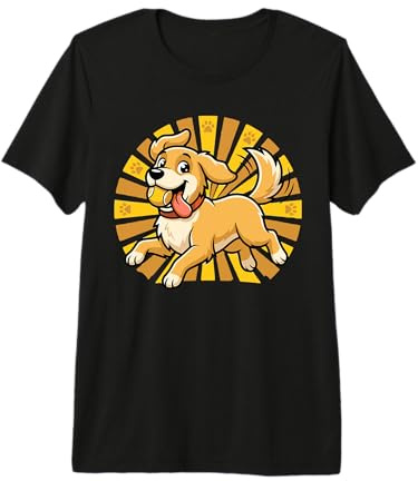 Joyful Golden Retriever Saltando Palla da Tennis Cartone Animato Cane Amore Maglietta Premium
