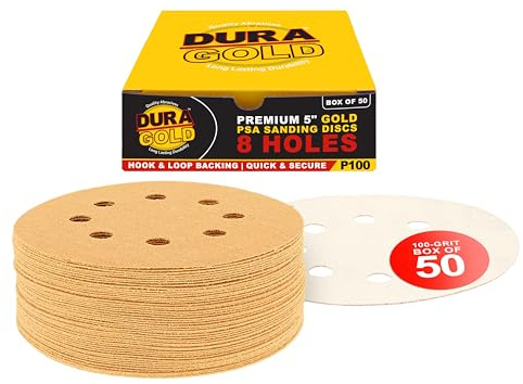 Dura-Gold Premium 100 Grit 5 Sandpaper Discs, 8 Hole Pattern Dustless, 50 Discs - Hook & Loop Backing for Orbital DA Sander, Detailing Finishing Color Sanding Automotive Paint Woodworking