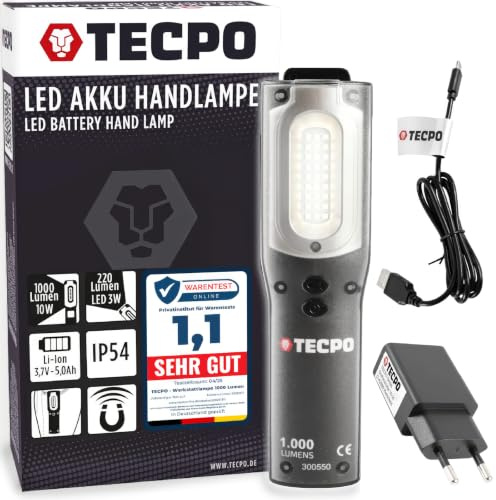 TECPO 300550 AKKU Werkstattlampe 1000 Lumen 27 SMD LED´s 10+3 Watt 6500 Kelvin IP 54 Arbeitslampe Stirnlampe Stablampe magnetisch Lithium-lonen 3.7V 6600 mAh