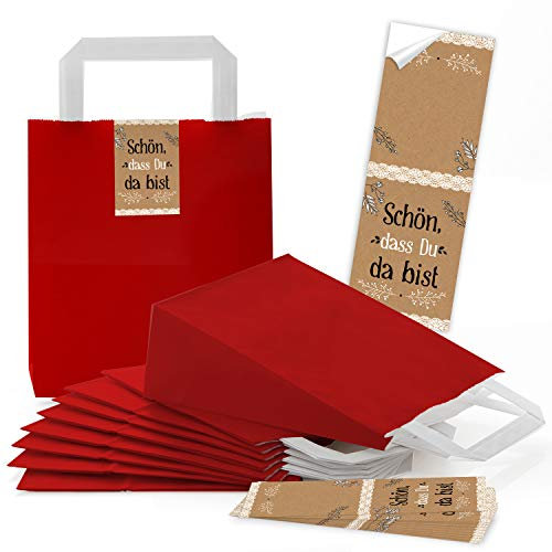 Logbuch-Verlag 25 rote Henkeltüten Papiertüten + 25 Banderolen zum Zukleben SCHÖN DASS DU DA BIST braun schwarz weiß Geschenkverpackung Hochzeit DIY Gastgeschenk Give-Away