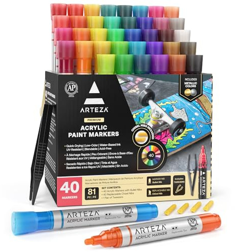 ARTEZA Acrylic Paint Markers, Set of 40 Acrylic Paint Pens in Assorted Colors, Art Markers for Glass, Pottery, Ceramic, Plastic, Rocks, and Canvas