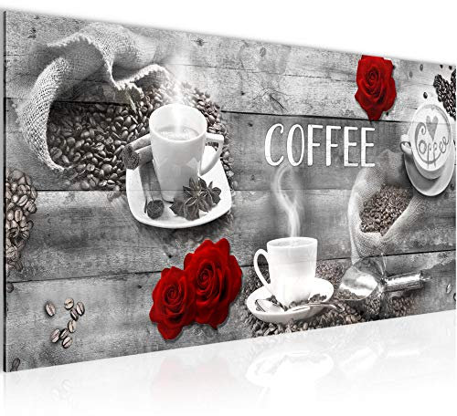 Runa Art Wandbild Kaffee Küche 1 Teilig 100 x 40 cm Modern Bild auf Vlies Leinwand Kaffeetasse Esszimmer Küchenbilder Grau Rot 027112c