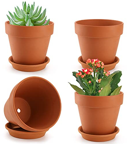 Suwimut 4 Pack 15×14cm / 6×5.7inch Terracotta Plant Pots with Saucer, Large Terra Cotta Planter Pot with Drainage Hole, Clay Flower Pot with Tray for Indoor Outdoor Plant