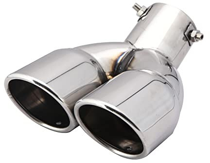 Doppelte Auspuffspitze,MoreChioce 76 mm Runde Auspuffblende Edelstahl Doppelendrohr Universal Auspuffanlage Auspuff Auspuffendrohr Sportauspuff Blende,Silber Kurve