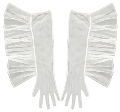 XIXIMAON Damen Transparent Handschuhe Spitzen Brauthandschuhe Ellbogen Tüll Handschuhe Einfarbig Elegante Braut Handschuhe Lang Fingerhandschuhe für Hochzeit Cocktail Kleid Accessoires (Weiß, L)