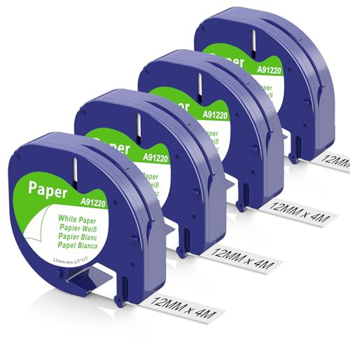 Aken 91200 Band Kompatibel mit Dymo Letratag Etikettenband Papier 12mm x 4m | Kompatibel mit Dymo Letratag LT-100H LT-100T XR 200B, Paper White 12mm x 4m 91220