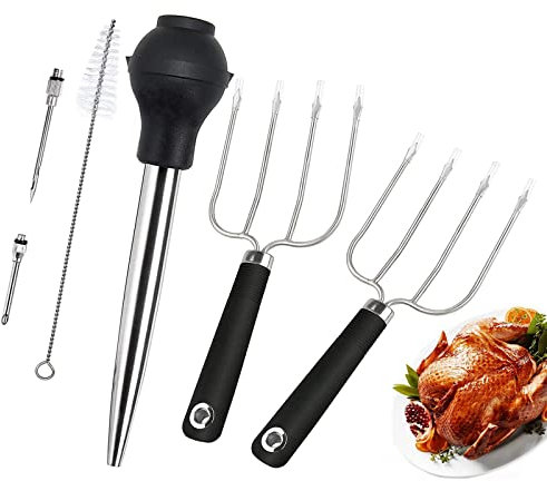 Stainless Steel Turkey Baster & Turkey Lifter Forks with Non-Slip Handle, Silicone Bulb, Set of 2