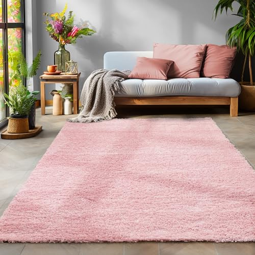 SIMPEX Flauschiger Teppich Wohnzimmer Schlafzimmer Läufer Flur Esszimmer Küchenteppich Hochflor Einfarbig Modernes Design 30 mm Florhöhe Kuschelweich, Rosa, 160 x 230 cm
