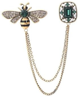 GIMIRO Vintage Bienen-Brosche mit Kristallen, Goldfarben mit Smaragdgrün, Doppelbrosche mit Kettenverzierung, Strass-Anstecknadel (D)