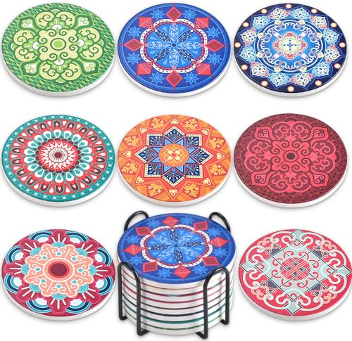 Newk Untersetzer für Getränke, Set mit 8 saugfähigen Keramikuntersetzern mit Metallhalter, Leuchtend Bunte Mandala-Muster-Untersetzer für den Couchtisch, tolle Einweihungsgeschenke