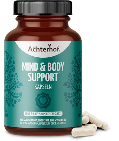 Mind & Body Support 120 Kapseln | enthält Magnesium, Zink und Vitamin B6 | zusätzlich angereichert mit einem hochwertigen Ashwagandhawurzel-Extrakt |100% vegan | vom Achterhof