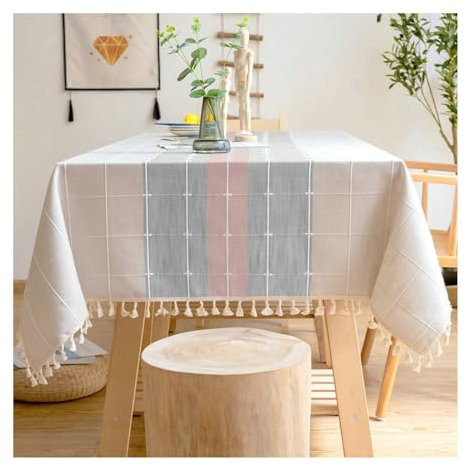 Gualiy Nappes Rectangulaires Lin, Nappe Table 140x220CM Nappe Anti Tache sans Repassage Plaid avec Glands Nappe pour La Cuisine et Salon, Rose Gris