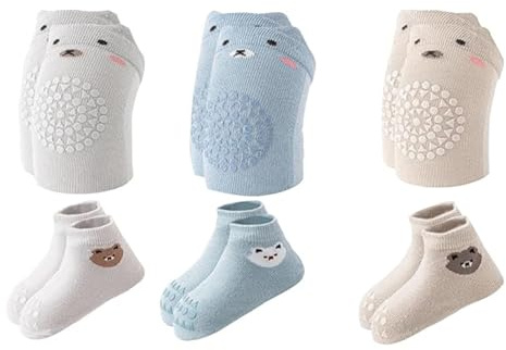 Baby Knieschoner und Anti-Rutsch-Socken aus Baumwolle - Krabbelhilfe mit Noppen für Sicheren Halt (S 0-1 Jahr)