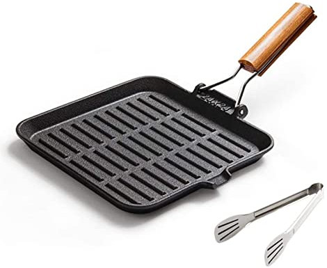 Wok Cookery Teglia da forno quadrata da 22 cm con padella pieghevole con manico in bambù a strisce Padella antiaderente non rivestita Padella in ghisa spessa Wok