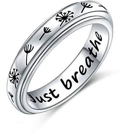 Flyow Just Breathe Spinner Ring for Women Girls 925 Sterling Silver Dandelion Fidget Rings for Anxiety Stress Relieving ADHD Autism Rings Inspirational Boho Band Ring (L 1/2)