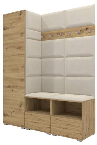 RAVIO Flurgarderobe 150 cm Ink. Schuhschrank mit Sitzbank, Garderobe Set mit Garderobenpaneel, Wandpolster & Push to Open Türen - Artisan Eiche/Wandpaneel Creme
