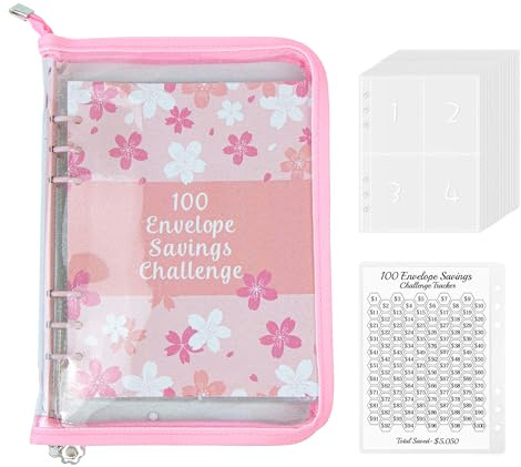 100 Envelope Saving Challenge, Geldbuch mit Hüllen Zum Sparen, Sparbuch für Geld Challenge, 100 Tage Challenge Binder, Budgetplaner A5 mit Reißverschluss, Kirschblüte Rosa, 1 Stück
