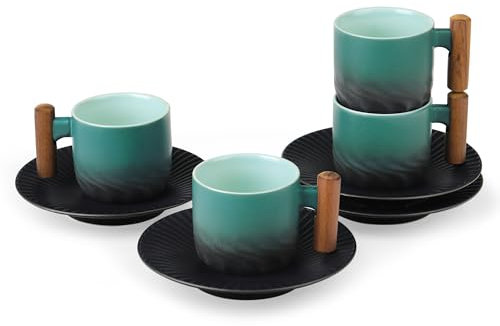 fanquare Coffee Cups and Saucers Set of 4 Blue Ceramic Teacup with Wooden Handle Espresso Cup Set for Tea Latte Mocha Cafe
