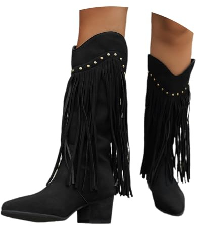 MEECHI Damen Hohe Stiefel Mit Fransen Retro Western Cowboy Stiefel Mit Niet Spitze Halbstiefel Mit Blockabsatz Herbst Winter Wildleder Langschaft Boots Mit Reißverschluss(Black,40 EU)