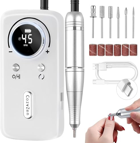 CozyZen Taladro de uñas inalámbrico profesional: kit de lima de uñas eléctrico recargable de 45000 rpm, portátil y de bajo ruido para acrílico, uñas de gel, manicura y pedicura, uso doméstico y de