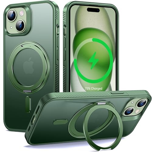 Supdeal Magnetic Kickstand for iPhone 15 Case, Compatible with MagSafe 360° Rotatable Ring Stand Holder, Non-slip Hard Matte Translucent Cover Military-Grade Shockproof Phone Case, 6.1, Green