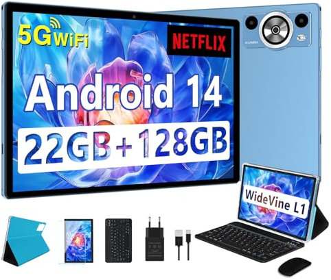 DEERTiME Newest Tablet 10 Pulgadas Android 14, 8-Core 2.0 GHz, 22GB RAM+128GB ROM, Widevine L1, 5G WiFi, BT5.0, 8000mAh, GMS Certificado, Widgets, Tablet PC con Funda, Teclado y Ratón - Azul
