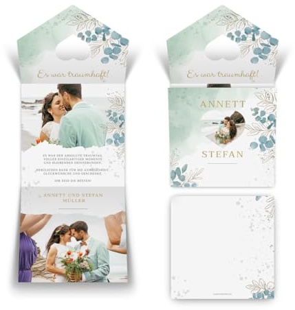 Personalisierte Hochzeit Foto Danksagungen Danksagungskarten - dickes Papier 300g/qm, ab 10 bis 100 Stück selbst gestalten, Stecksystem - Eukalyptus