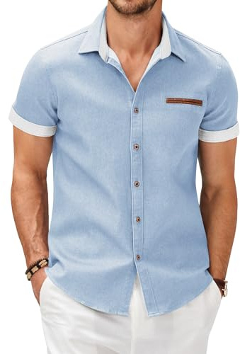 COOFANDY Herrskjorta, kortärmad jeansskjorta, sommar, kortärmad skjorta, män, fritidsskjorta, denim, button down skjorta med rutig Kent krage, Ljusblå, XL