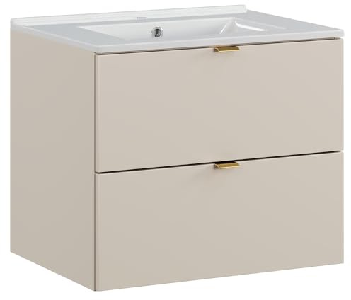 Lomadox Lavabo de salle de bain 60 cm en cachemire mat, 2 tiroirs