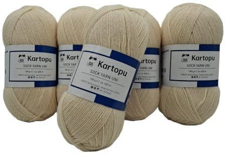 Sockenwolle Strumpfwolle einfarbig 4 fädig - 5x100gr Sparset - Strumpfwolle ist filzfrei und maschinenwaschbar, Lauflänge per Knaul 420m / 100gr - Farbe: (rohweiss)