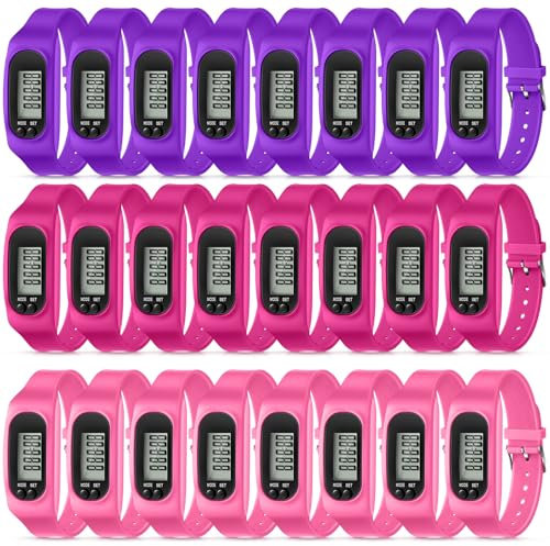 Geyoga 24 Pcs Pedometer for Walking Steps and Miles Pedometer Watch Silicone Steps Tracker Running Bracelet Ankle Step Counter for Calorie Burning and Step Counting (Pink,Purple,Hot Pink)