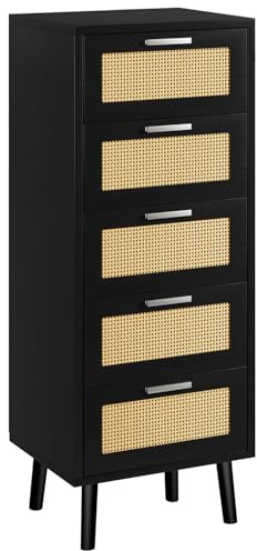 IBUYKE Cómoda Dormitorio, con 5 cajones Decorados de ratán, Mueble Cajonera con Patas de Madera, 40x34x108.5cm, Mueble Almacenaje Madera para Salón, Pasillo,Negro WST010B