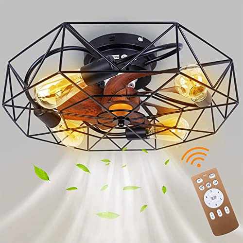 Aménagement des lumières rétro, Ventilateur de Plafond Industriel avec Ventilateur de Plafond léger à Profil Bas avec télécommande, de Ventilateur Vintage avec Cage en métal Noir et télécommande pour