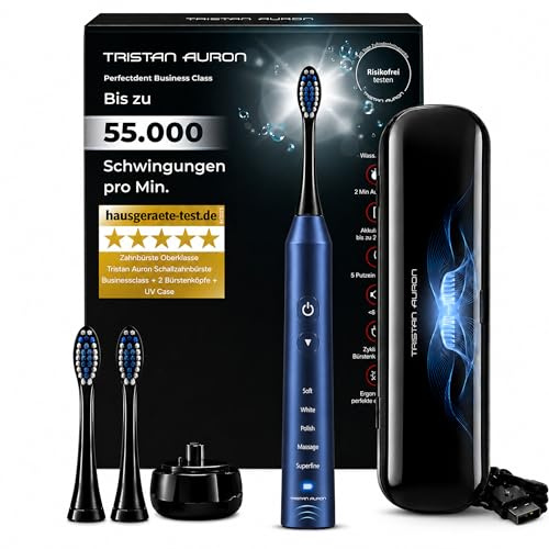 Tristan Auron Schallzahnbürste - Beste Reisezahnbürste 2025-100 Tage risikofrei testen - 55000 Elektrische Schwingungen 5 Programme 60 Tage Batterie mit UV Reiseetui 2 Aufsätze Business Class Blau