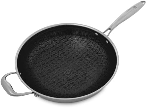Hell's Kitchen Hybrid 12” Wok Pan, Tri-Clad Stainless Steel and Nonstick Ceramic, PFAS Free, no PFOA, no PTFE, no Teflon, Non Toxic Cookware, Metal Utensil Safe, All Cooktops and Oven Safe